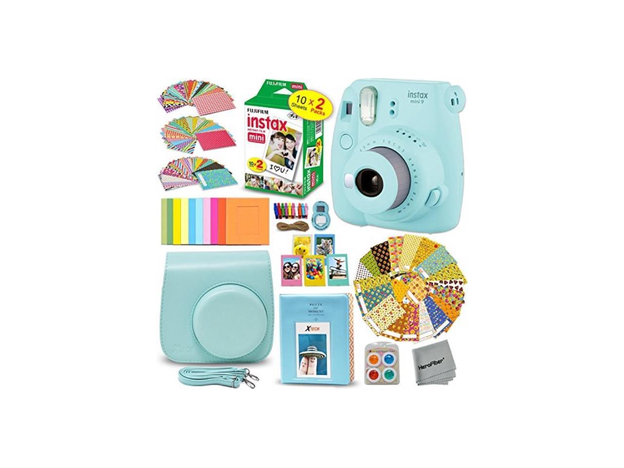 FujiFilm Instax Mini 9 Instant Camera ICE BLUE + EMOJI Film stickers + Fuji INSTAX Film (20 Sheets) + Blue Custom Fitted Case + Instax Album + Colorful Stickers + Fun Frames + 4 Colored Filters + MORE