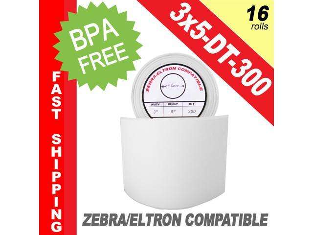 Zebra/Eltron-Compatible 3 x 5 Labels (3\" x 5\") -- BPA Free! (16 Rolls; 300 Labels per Roll)