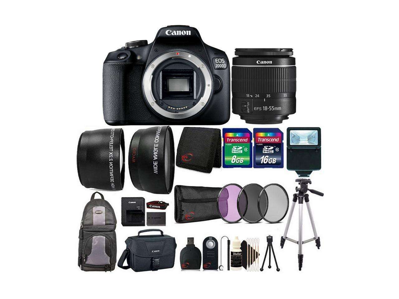 Canon EOS 2000D / Rebel T7 24.1MP Digital SLR Camera + 18-55mm Lens, Backpack, Canon Case + Bundle