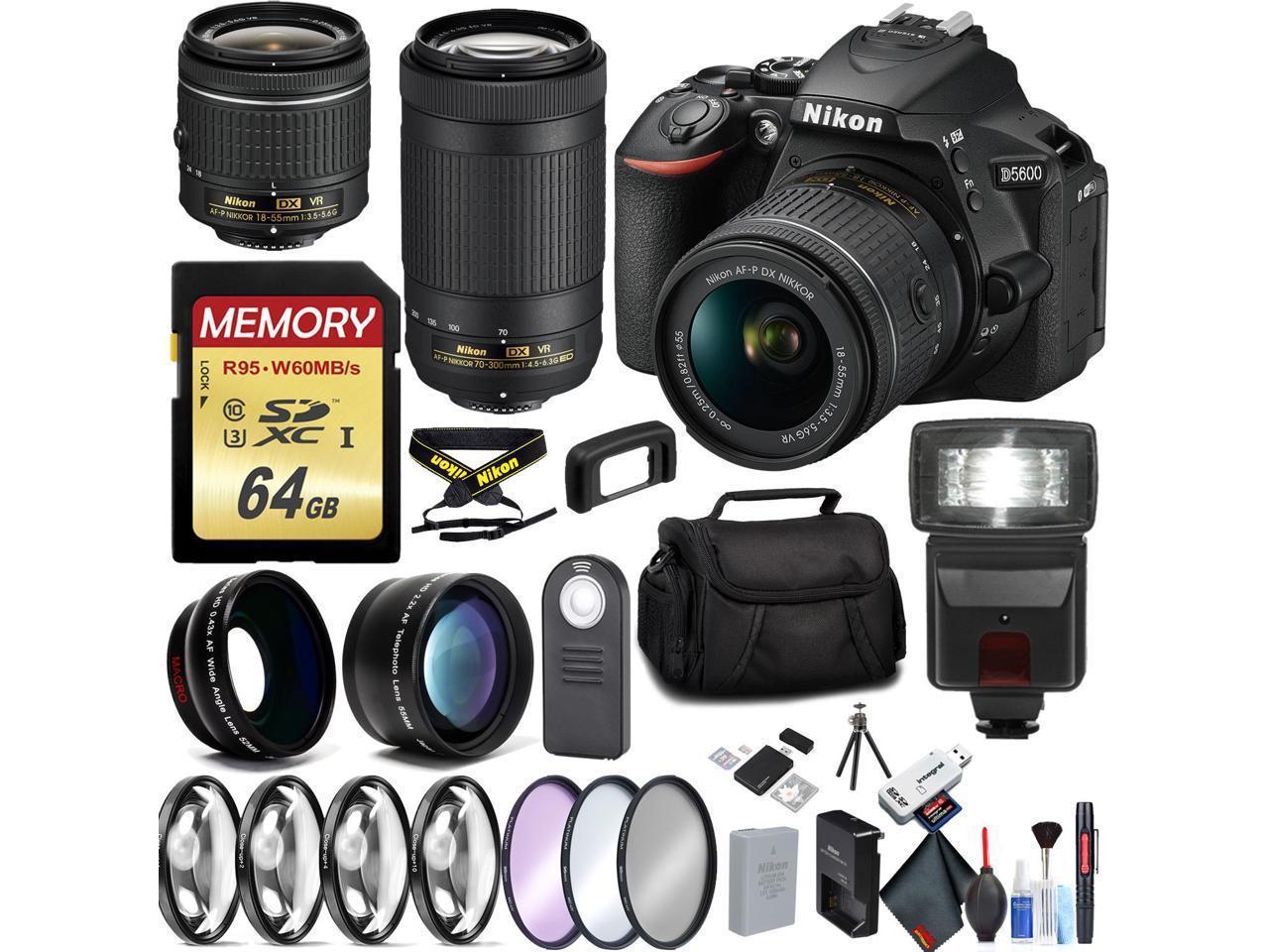 Nikon D5600 DSLR Camera with 18-55mm Lens and Nikon 70-300mm Lens, Wide Angle, Telephoto Lenses, Filters, Flash Bundle