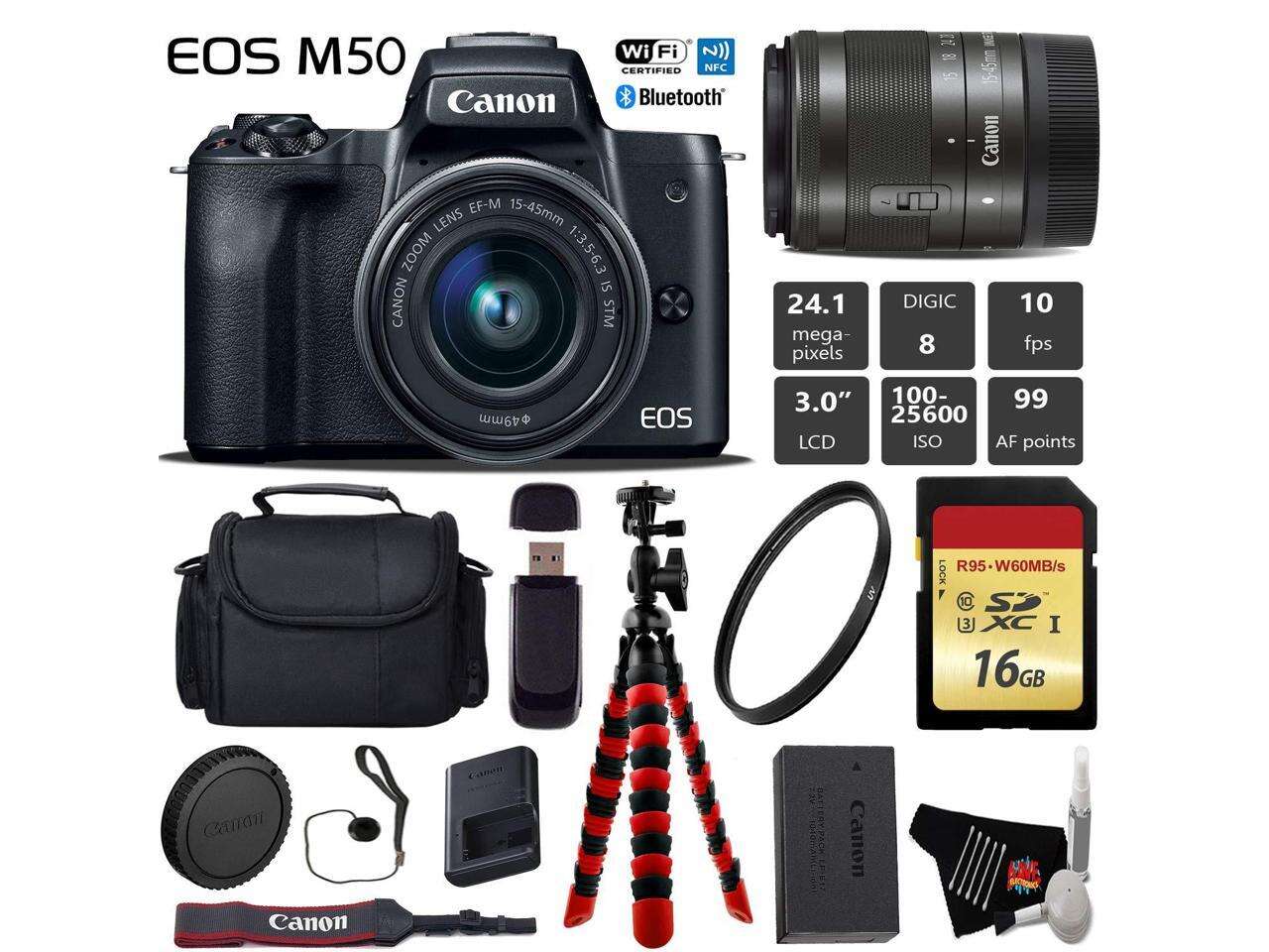 Canon EOS M50 Mirrorless Digital Camera with 15-45mm Lens + Flexible Tripod + UV Protection Filter + Professional Case + Card Reader - International Version