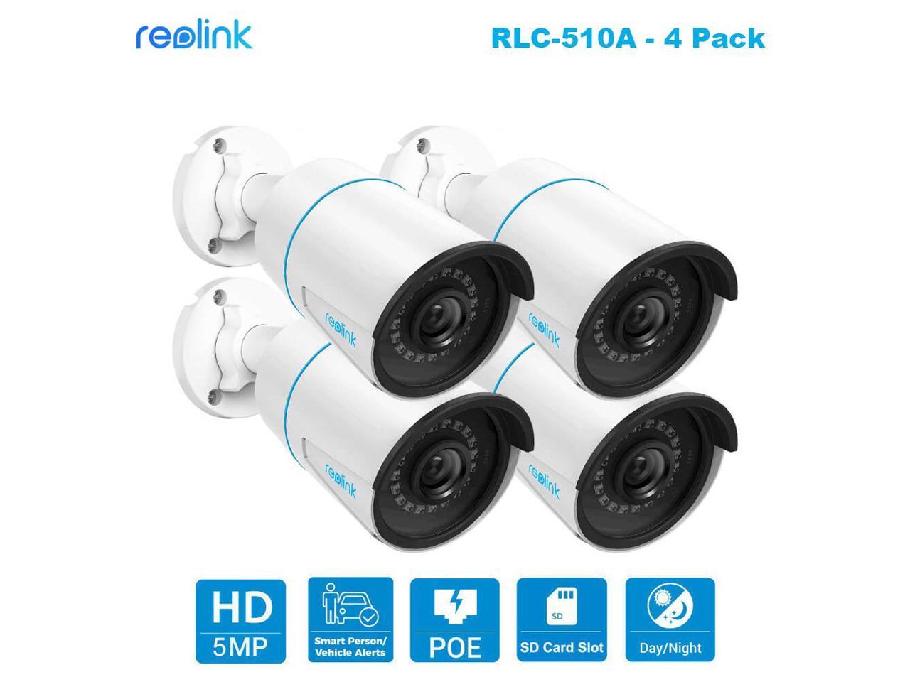 REOLINK 4pcs RLC-510A, 5MP Security IP PoE Camera, Surveillance Outdoor/Indoor, Human/Vehicle Detect, 100Ft IR Night Vision, Work with Smart Home&Reolink NVRs, Up to 256GB Micro SD Card