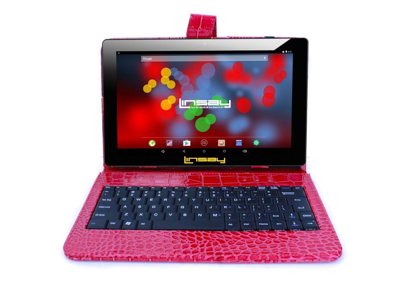 LINSAY® 10.1\" 1280x800 IPS Quad Core 2GB RAM 16GB Android 8.0 Tablet with Red Crocodile Style Keyboard Case