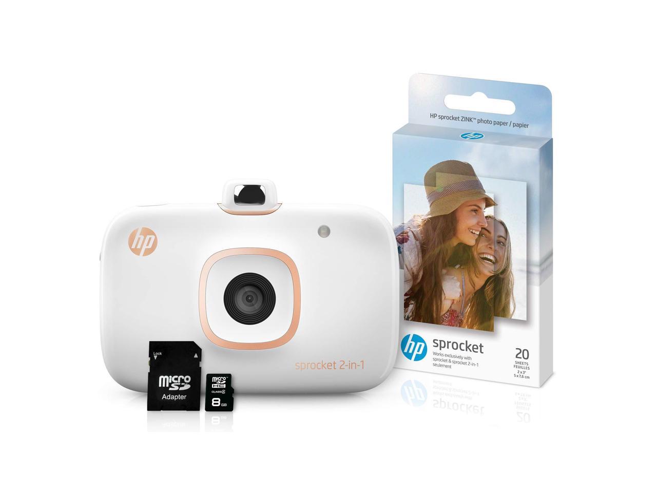 HP Sprocket 2-in-1 Portable Photo Printer & Instant Camera Bundle with 8GB MicroSD Card and ZINK Photo Paper – White (5MS95A)