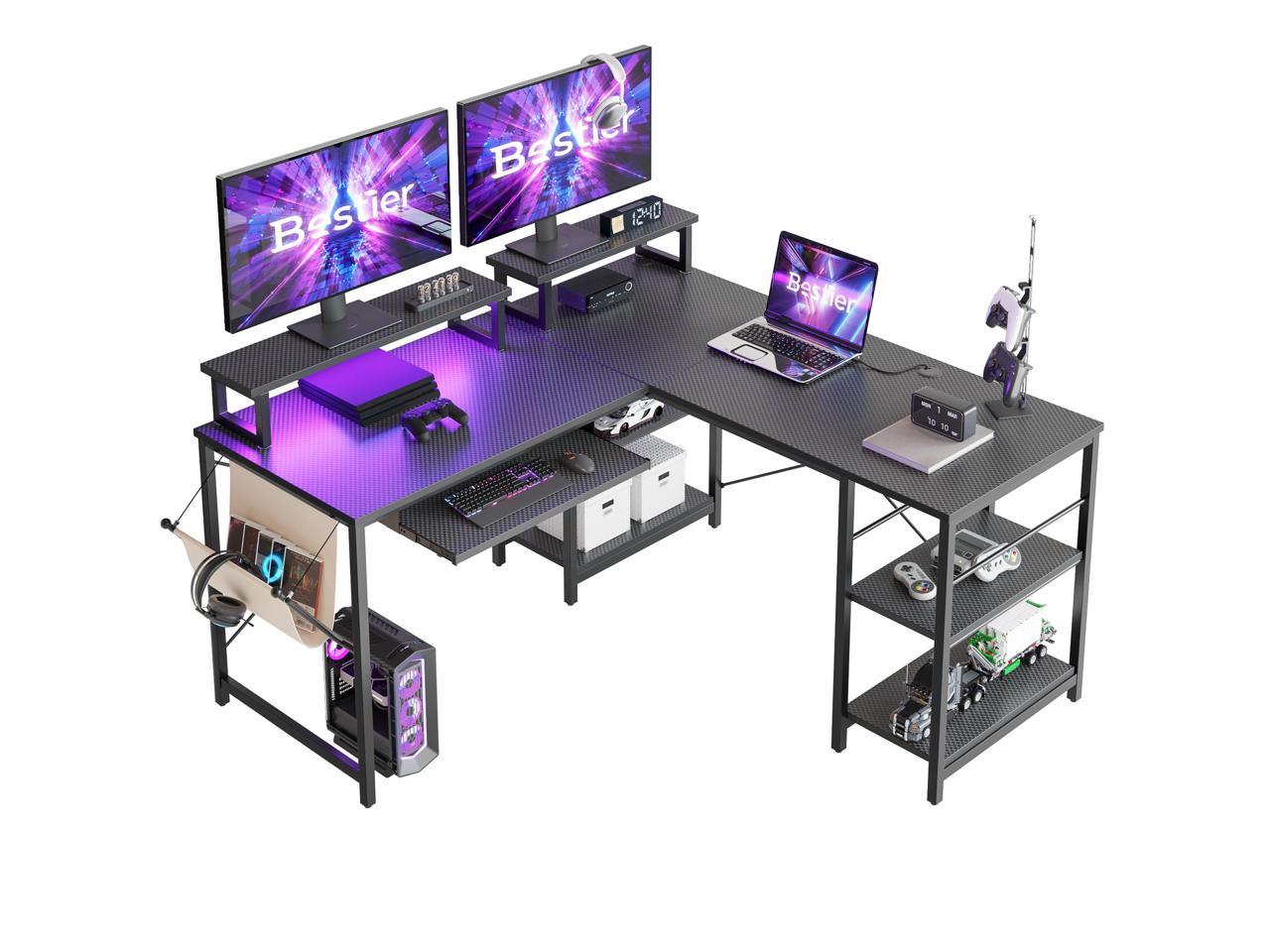 Bestier L Shaped Gaming Desk with Led Light 95.2 Inch Computer Corner Desk or 2 Person Long Table with Shelves Monitor Stand and Keyboard Tray for Home Office